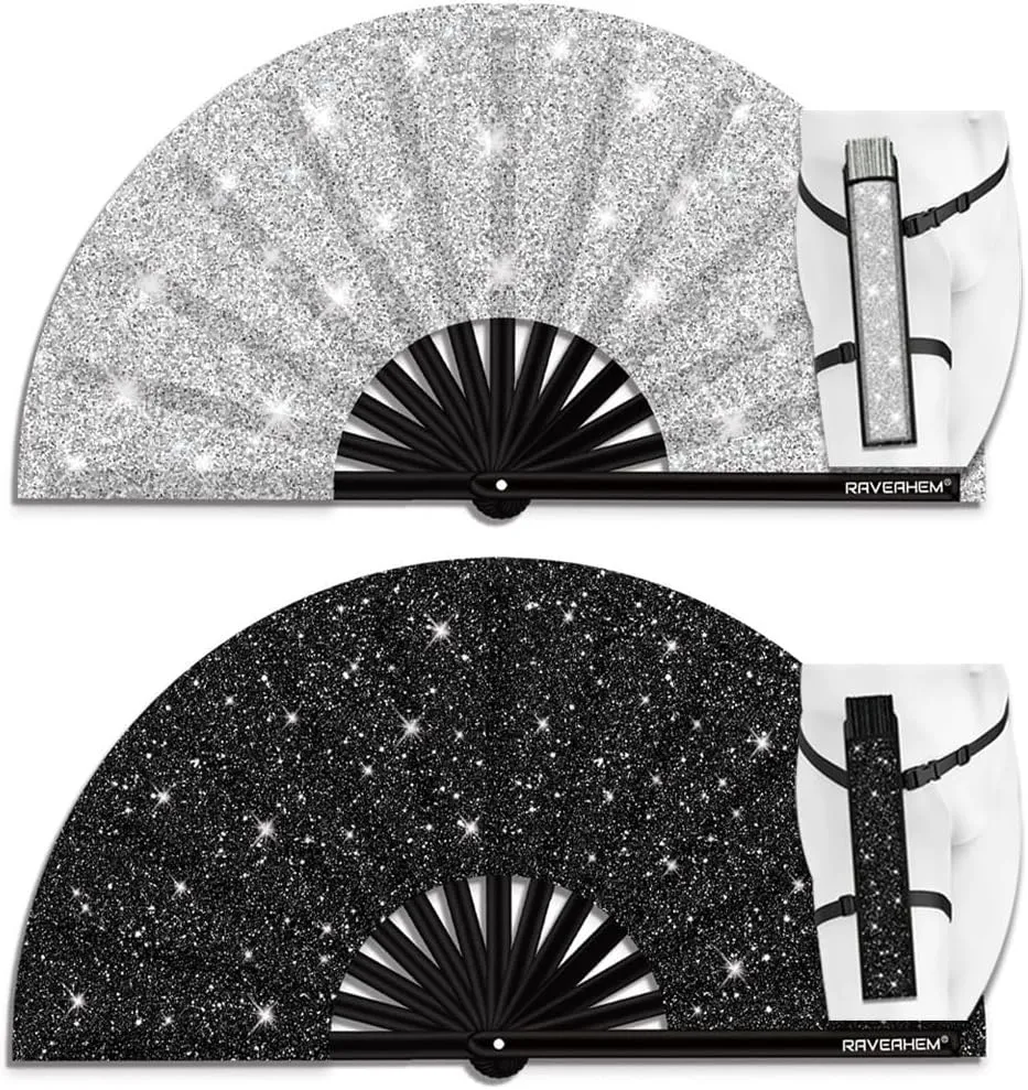 2 Pack Glitter Large Rave Folding Clack Hand Fan with Holster for Men/Women Handheld Fan for EDM,Festival,Club,Party,Dance (Silver Black)