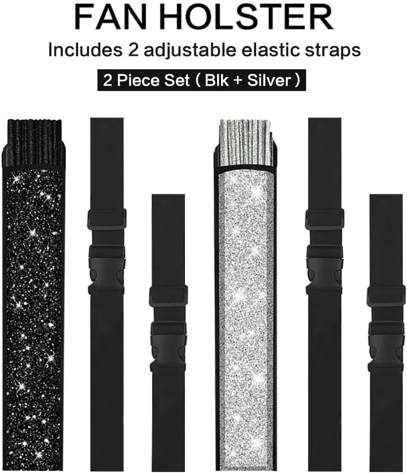 2 Pack Glitter Large Rave Folding Clack Hand Fan with Holster for Men/Women Handheld Fan for EDM,Festival,Club,Party,Dance (Silver Black)