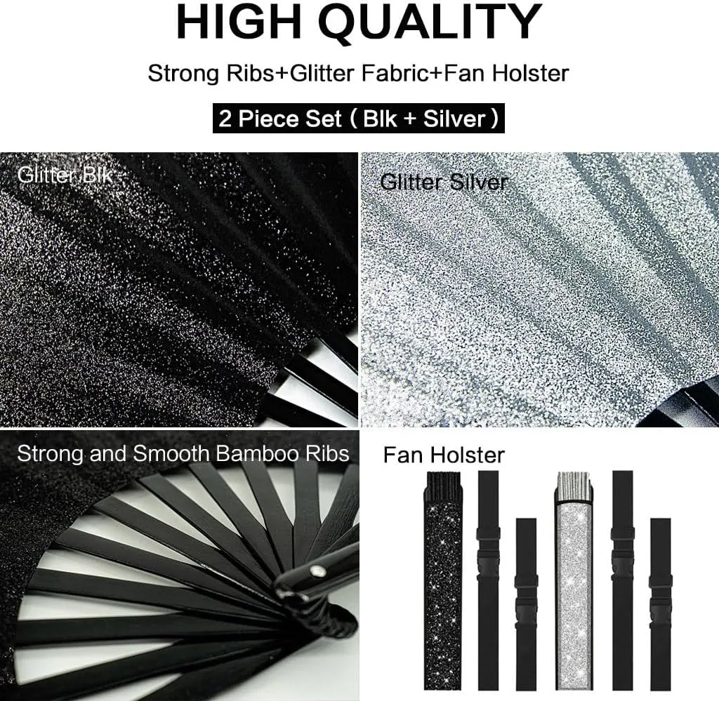 2 Pack Glitter Large Rave Folding Clack Hand Fan with Holster for Men/Women Handheld Fan for EDM,Festival,Club,Party,Dance (Silver Black)