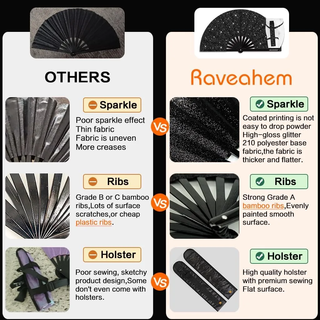 2 Pack Glitter Large Rave Folding Clack Hand Fan with Holster for Men/Women Handheld Fan for EDM,Festival,Club,Party,Dance (Silver Black)
