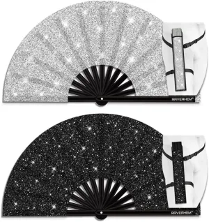2 Pack Glitter Large Rave Folding Clack Hand Fan with Holster for Men/Women Handheld Fan for EDM,Festival,Club,Party,Dance (Silver Black)