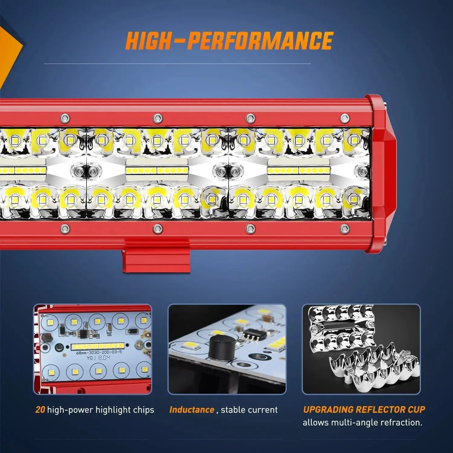 20 Inch 420W Triple Row Red Case Spot Flood LED Light Bar | 16AWG Wire 3Pin Switch