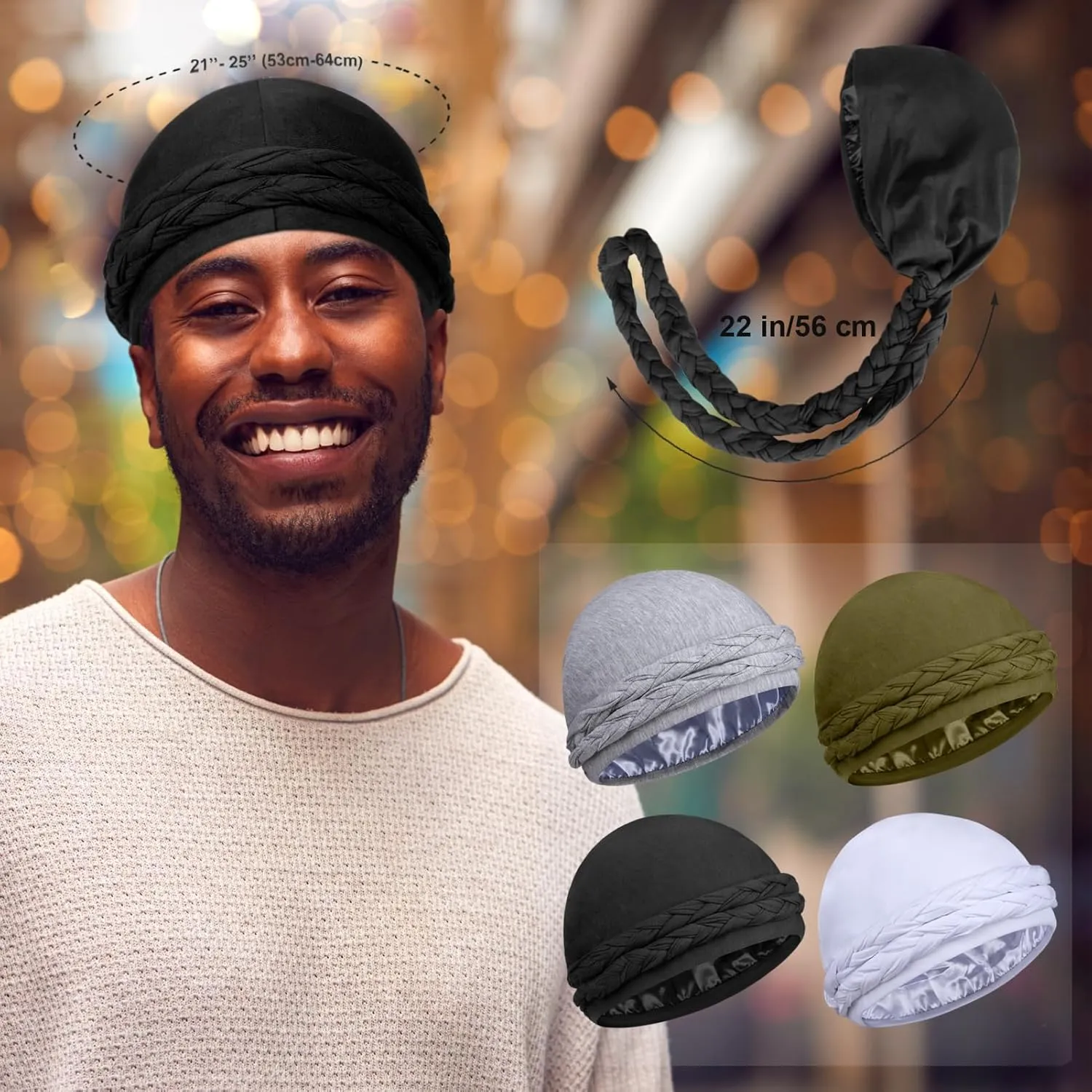4 Pcs Satin Lined Turban Head Wraps for Men, Halo Turban Head Scarf for Hair