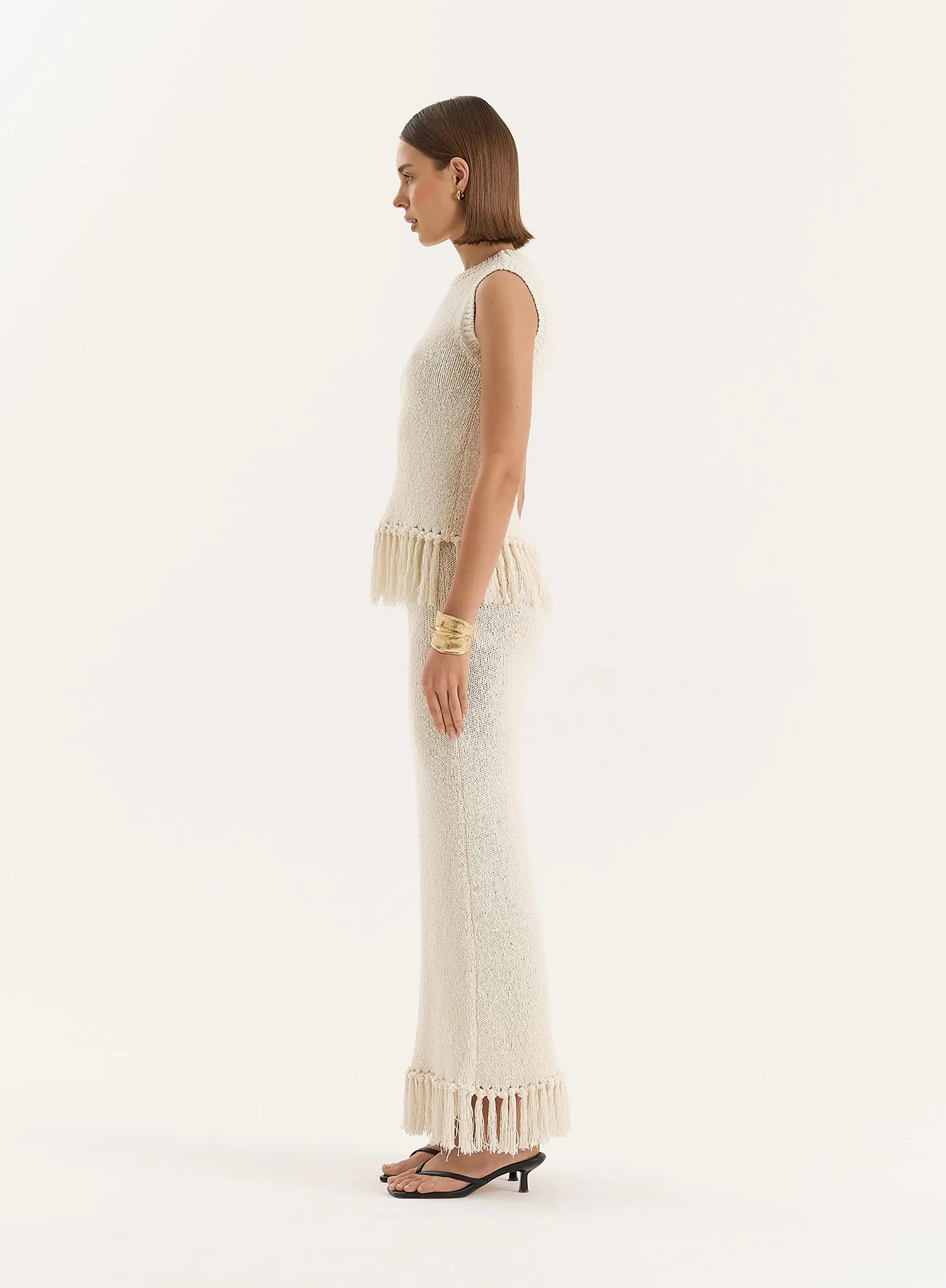 Beige Sleeveless Knitted Tassel Trim Top- Lauryn