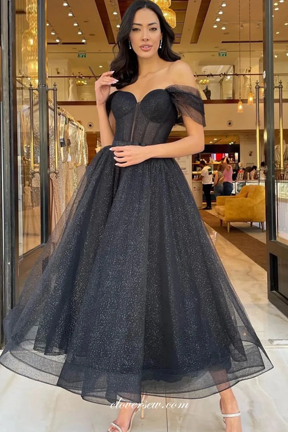 Black Glitter Tulle Off The Shoulder A-line Shiny Ankle Length Prom Dresses, CP1061