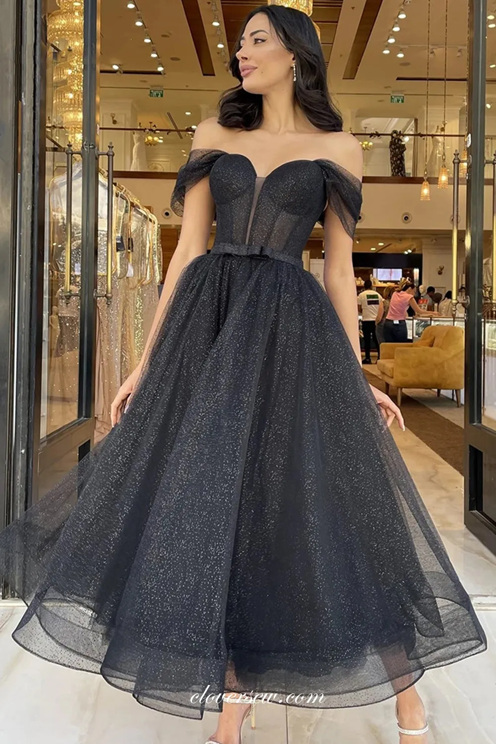 Black Glitter Tulle Off The Shoulder A-line Shiny Ankle Length Prom Dresses, CP1061