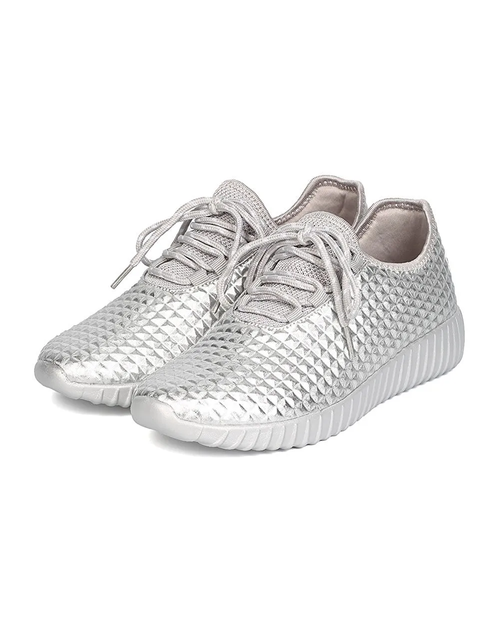 Cape Robbin GB66 Women Metallic Leatherette Quilted Lace Up Jogging Sneaker