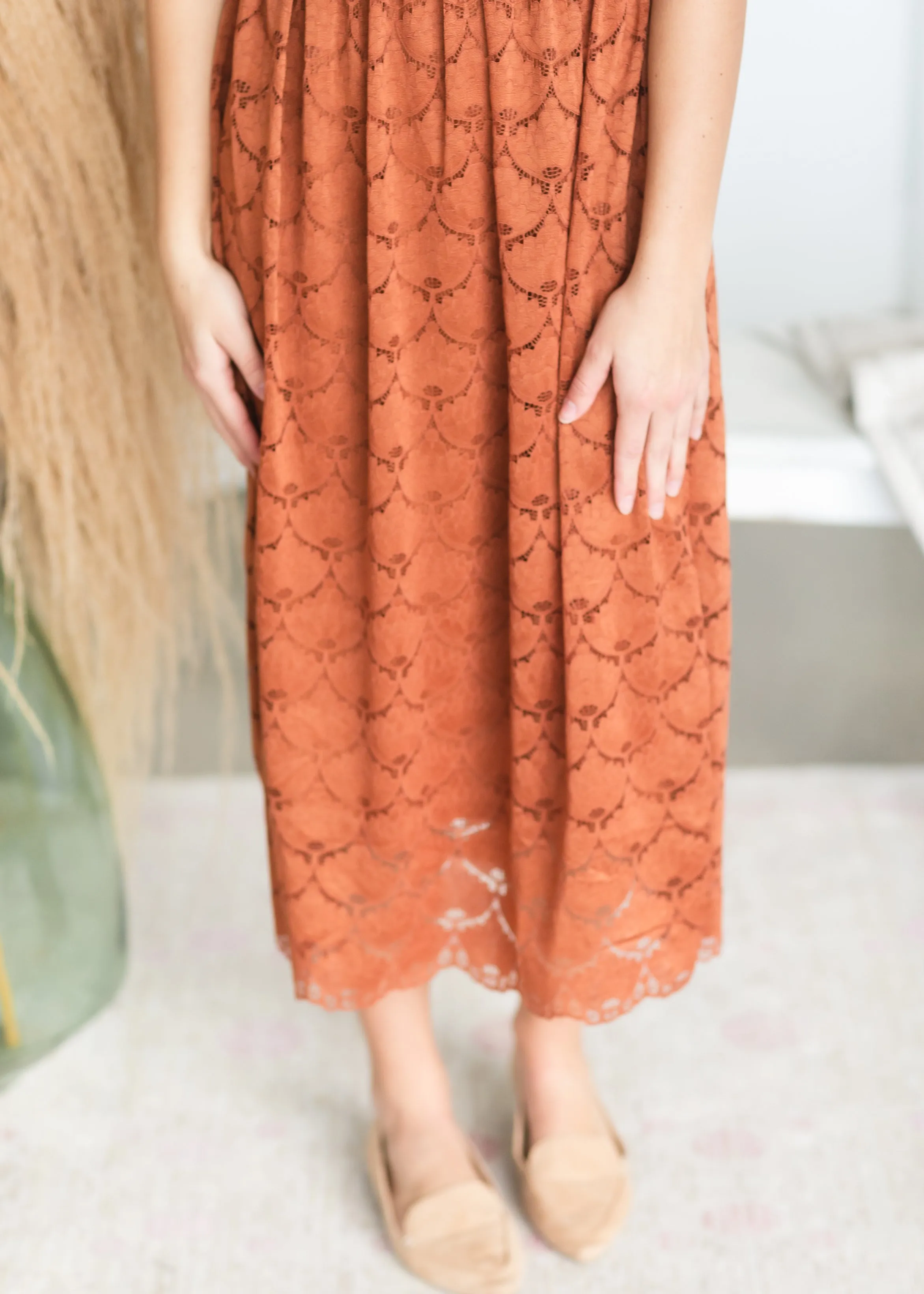 Cognac Scallop Lace Midi Dress - FINAL SALE