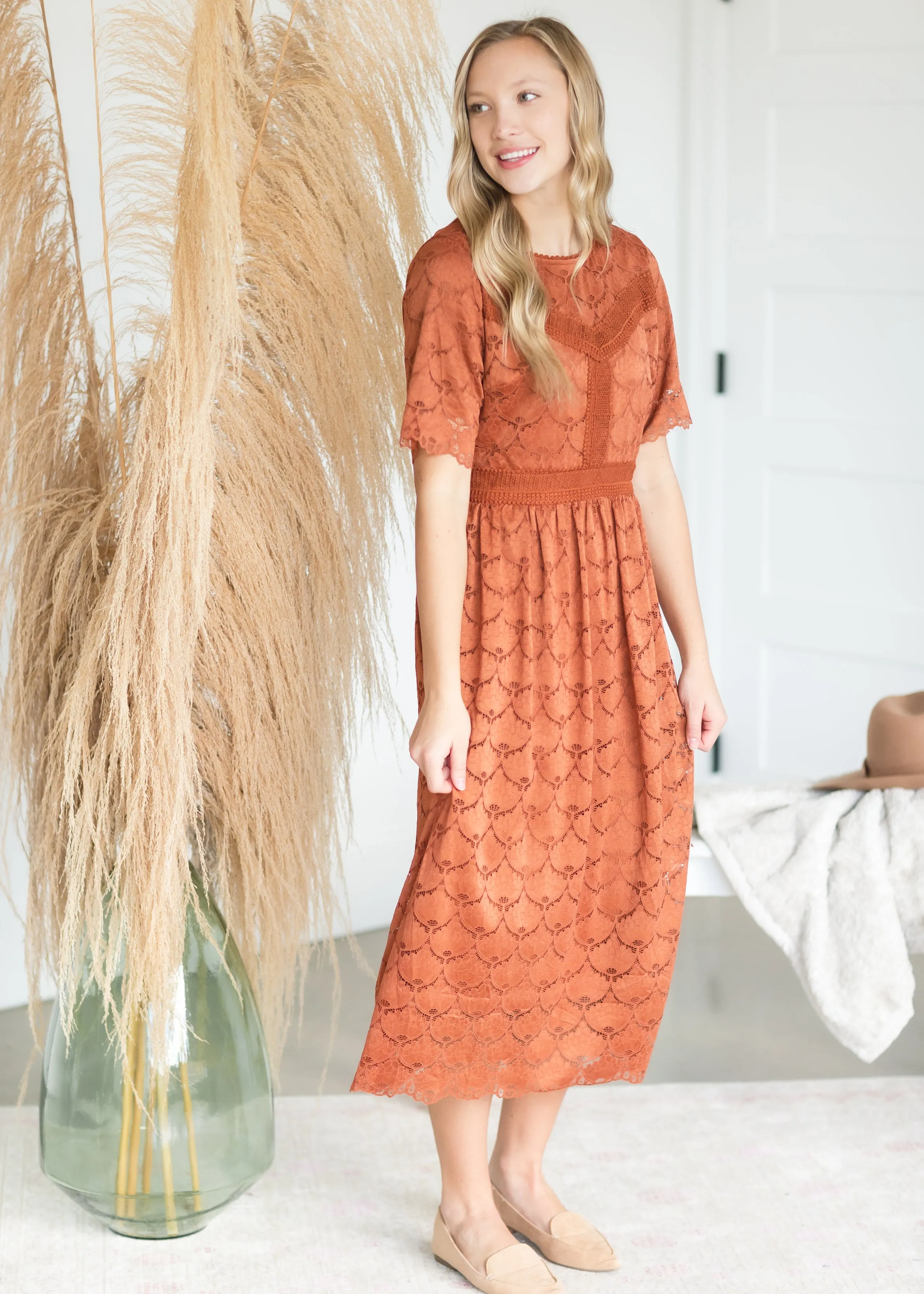Cognac Scallop Lace Midi Dress - FINAL SALE