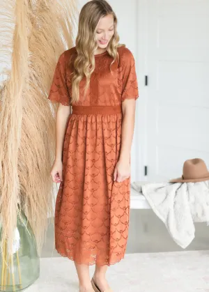 Cognac Scallop Lace Midi Dress - FINAL SALE