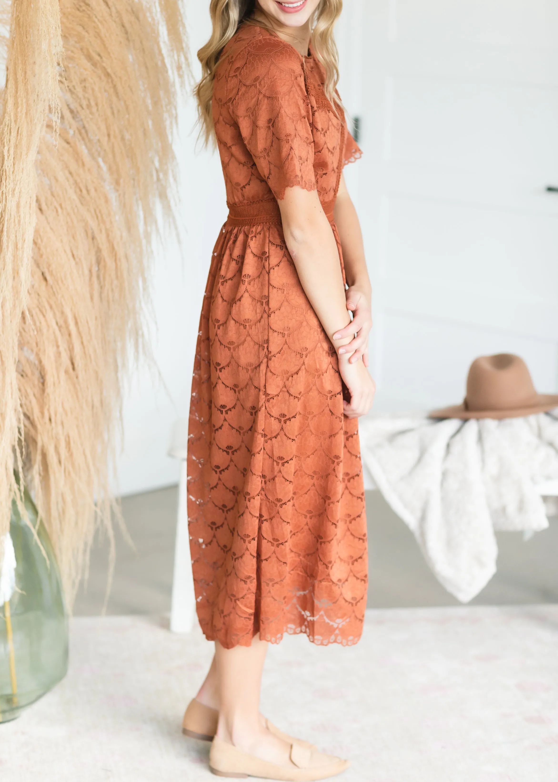 Cognac Scallop Lace Midi Dress - FINAL SALE