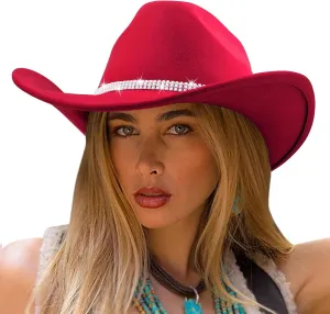 DRESHOW Glitter Cowboy Hat Classic Western Rhinestone Cowgirl Hat Outdoor Wide Brim Retro Felt Fedora Hats Rolled up Caps