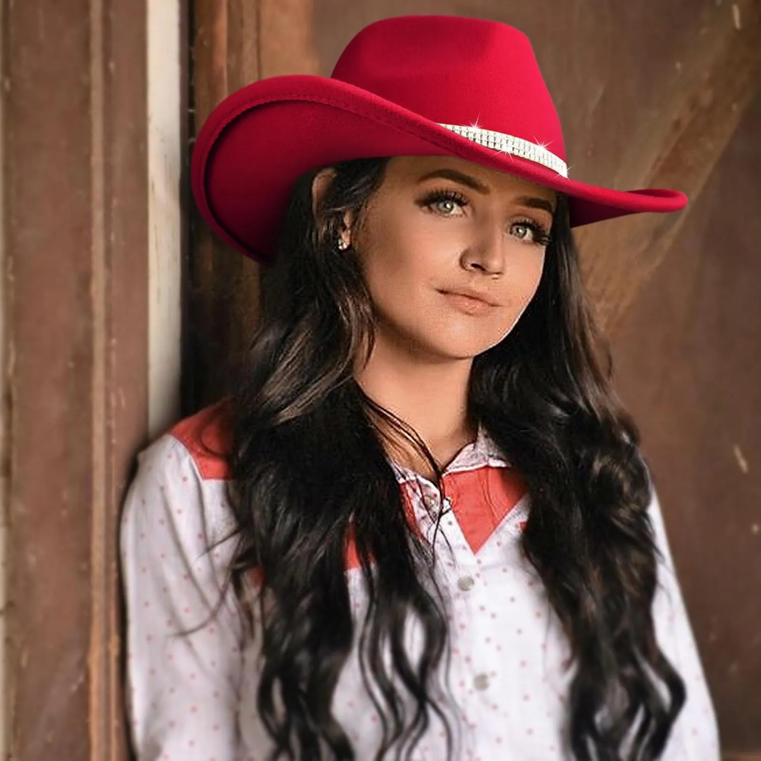 DRESHOW Glitter Cowboy Hat Classic Western Rhinestone Cowgirl Hat Outdoor Wide Brim Retro Felt Fedora Hats Rolled up Caps