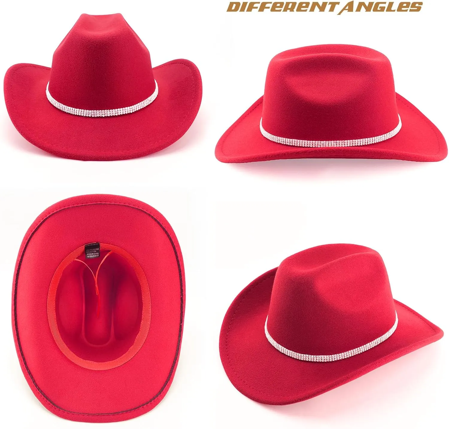 DRESHOW Glitter Cowboy Hat Classic Western Rhinestone Cowgirl Hat Outdoor Wide Brim Retro Felt Fedora Hats Rolled up Caps