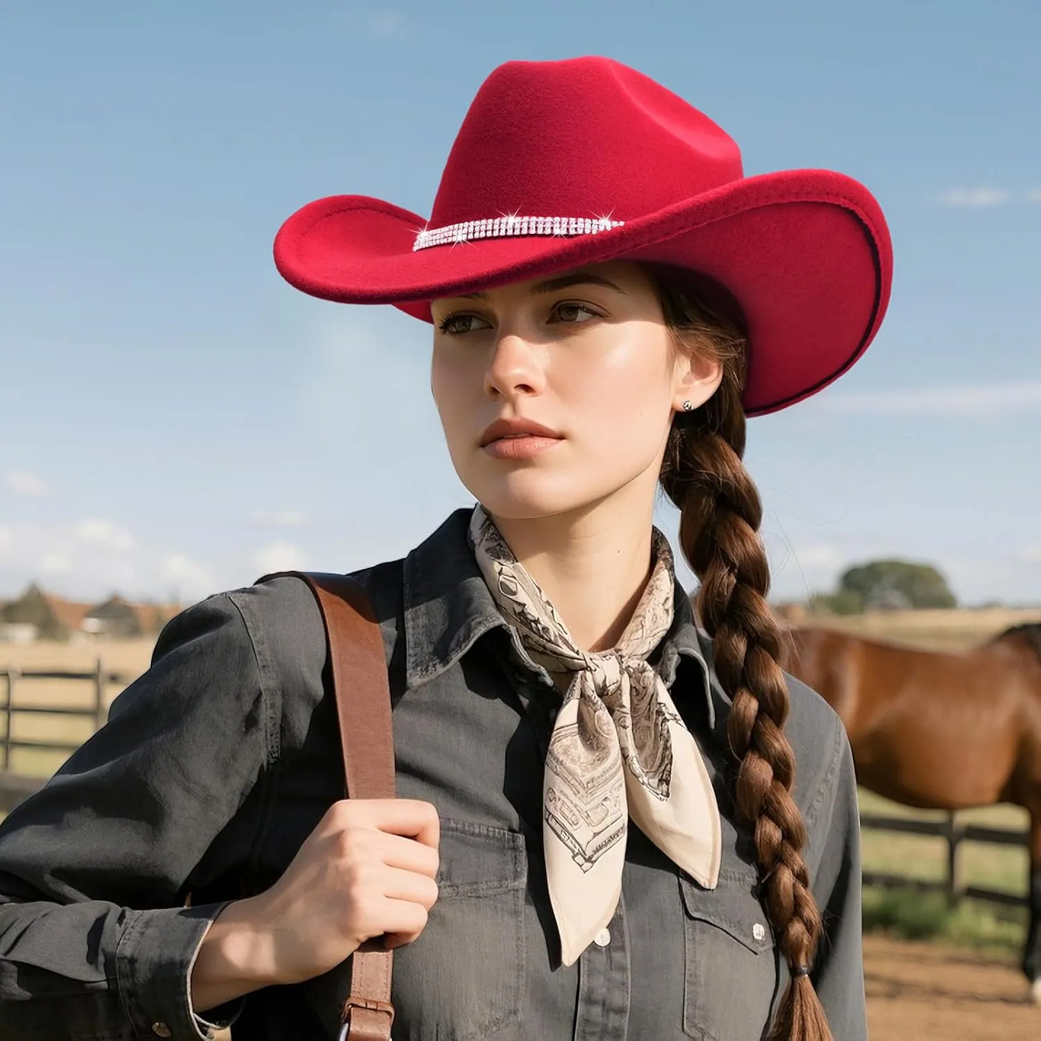 DRESHOW Glitter Cowboy Hat Classic Western Rhinestone Cowgirl Hat Outdoor Wide Brim Retro Felt Fedora Hats Rolled up Caps
