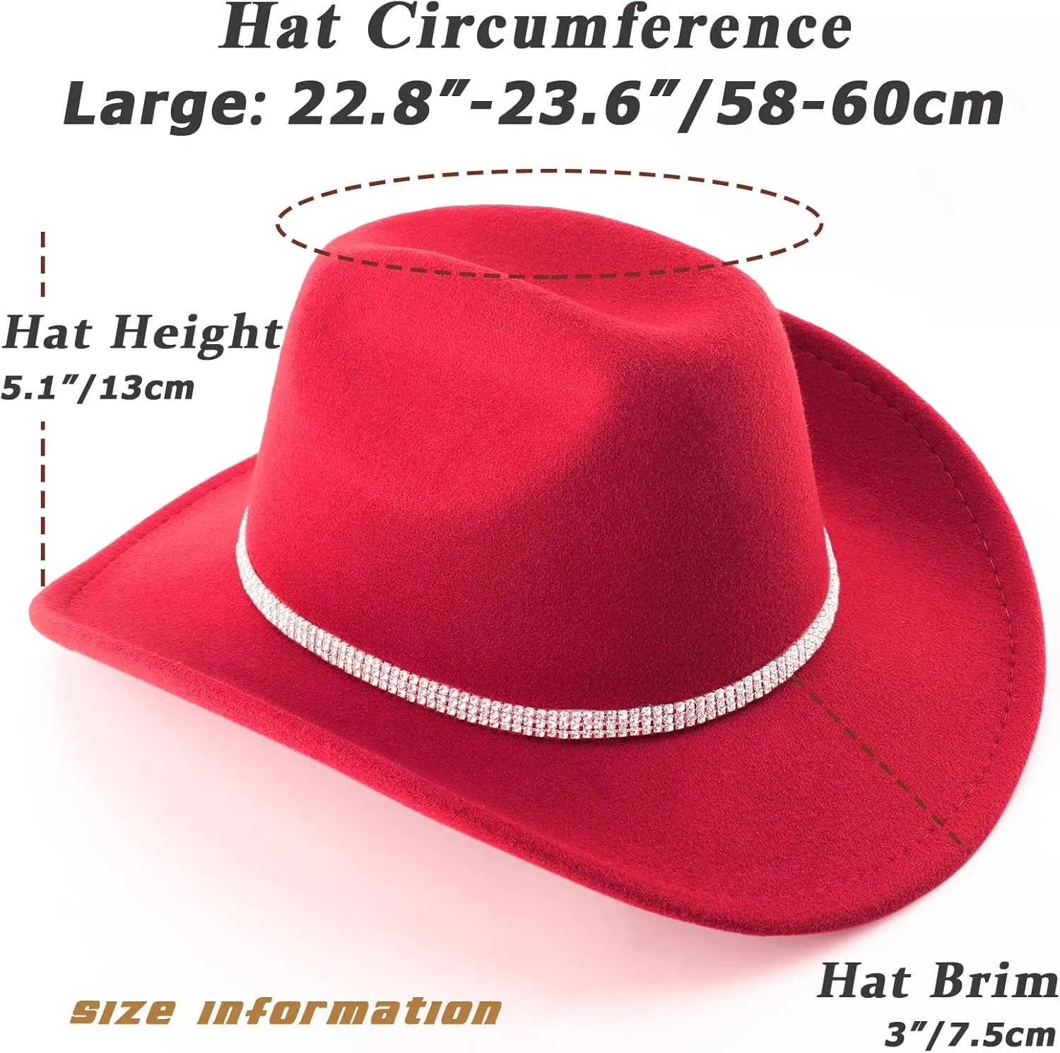 DRESHOW Glitter Cowboy Hat Classic Western Rhinestone Cowgirl Hat Outdoor Wide Brim Retro Felt Fedora Hats Rolled up Caps