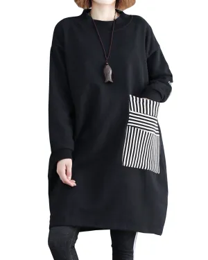 ❤ellazhu Women Casual Baggy Pullover Dress Striped Pocket GA1271
