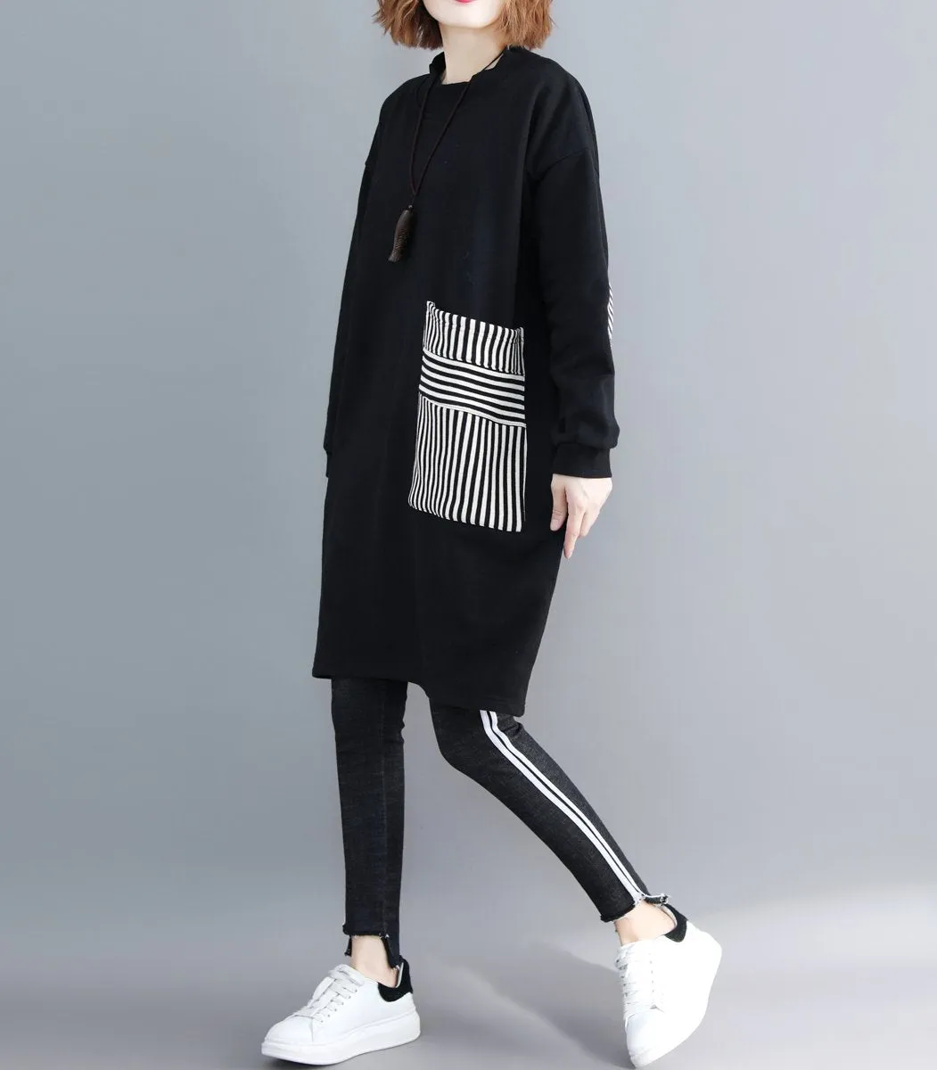 ❤ellazhu Women Casual Baggy Pullover Dress Striped Pocket GA1271