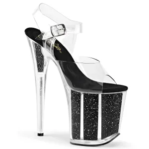 Flamingo-808G Clear / Black Glitter, 8" Heels