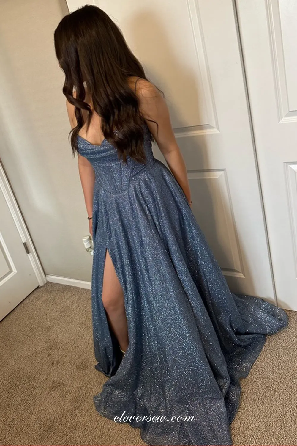 Glitter Tulle Spaghetti Strap Sweetheart A-line High Slit Shiny Prom Dresses, CP1094
