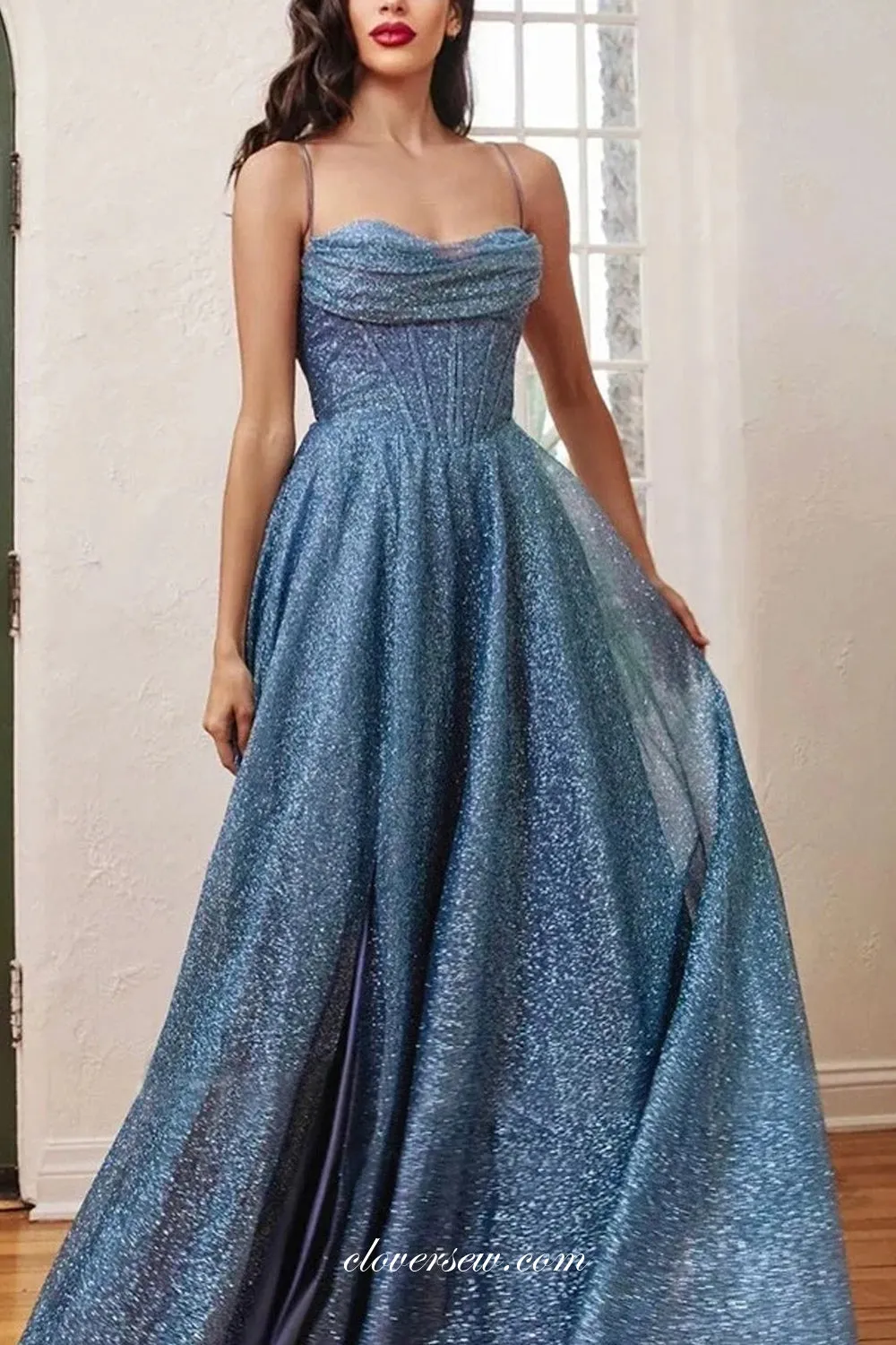 Glitter Tulle Spaghetti Strap Sweetheart A-line High Slit Shiny Prom Dresses, CP1094