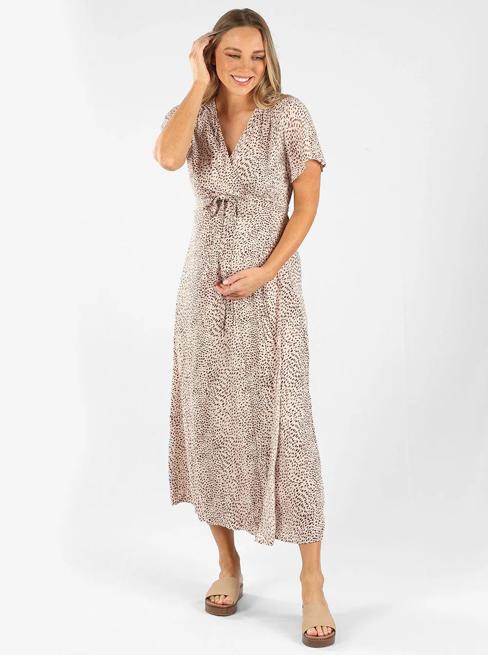 Isabella Beige Leopard Print Maternity & Nursing Wrap Dress