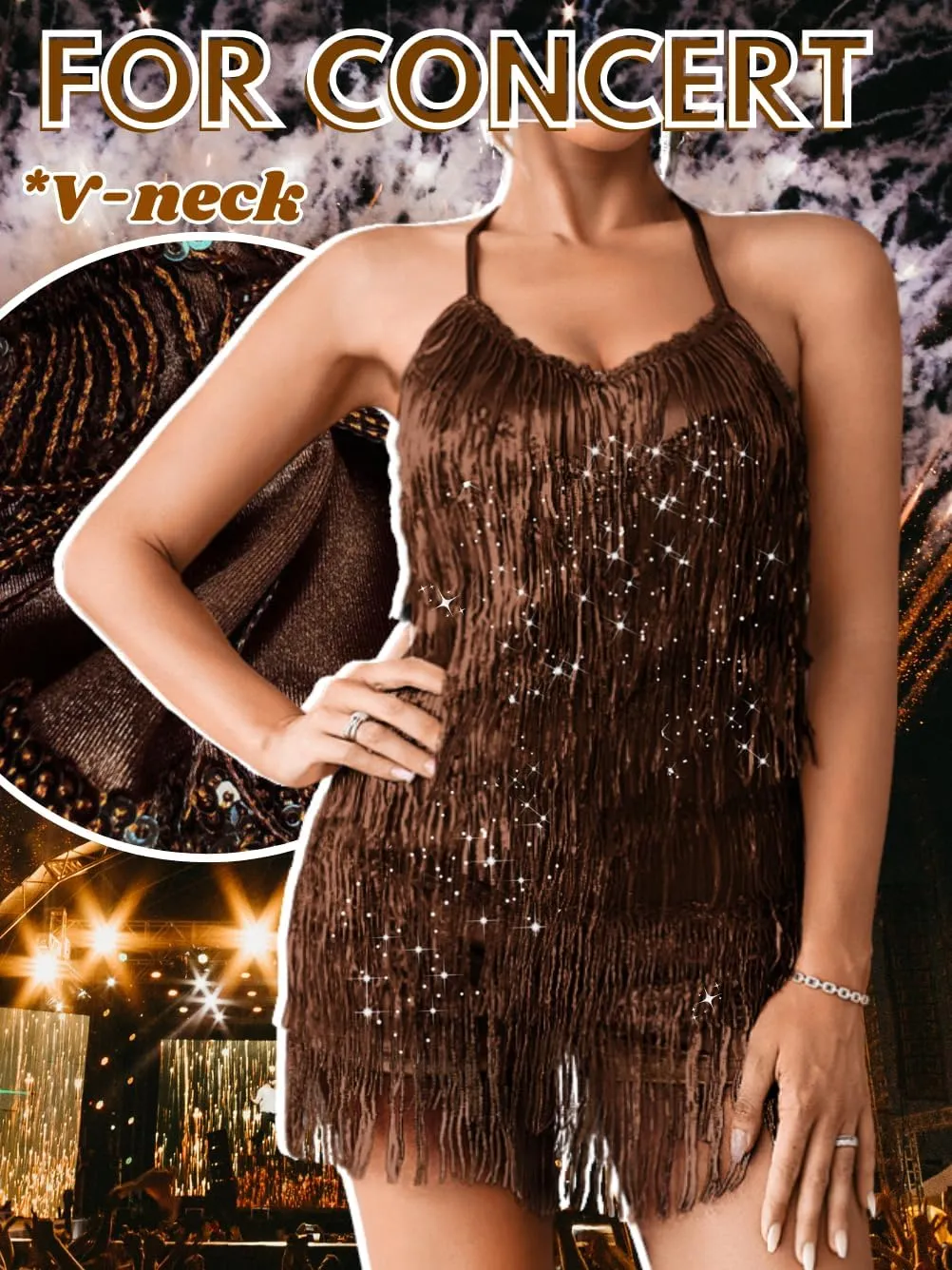 Kaei&Shi Sequin Fringe Romper,Sparkly Glitter Metallic Jumpsuits For Women,Backless Shorts Dress Disco Birthday Dance Outfit