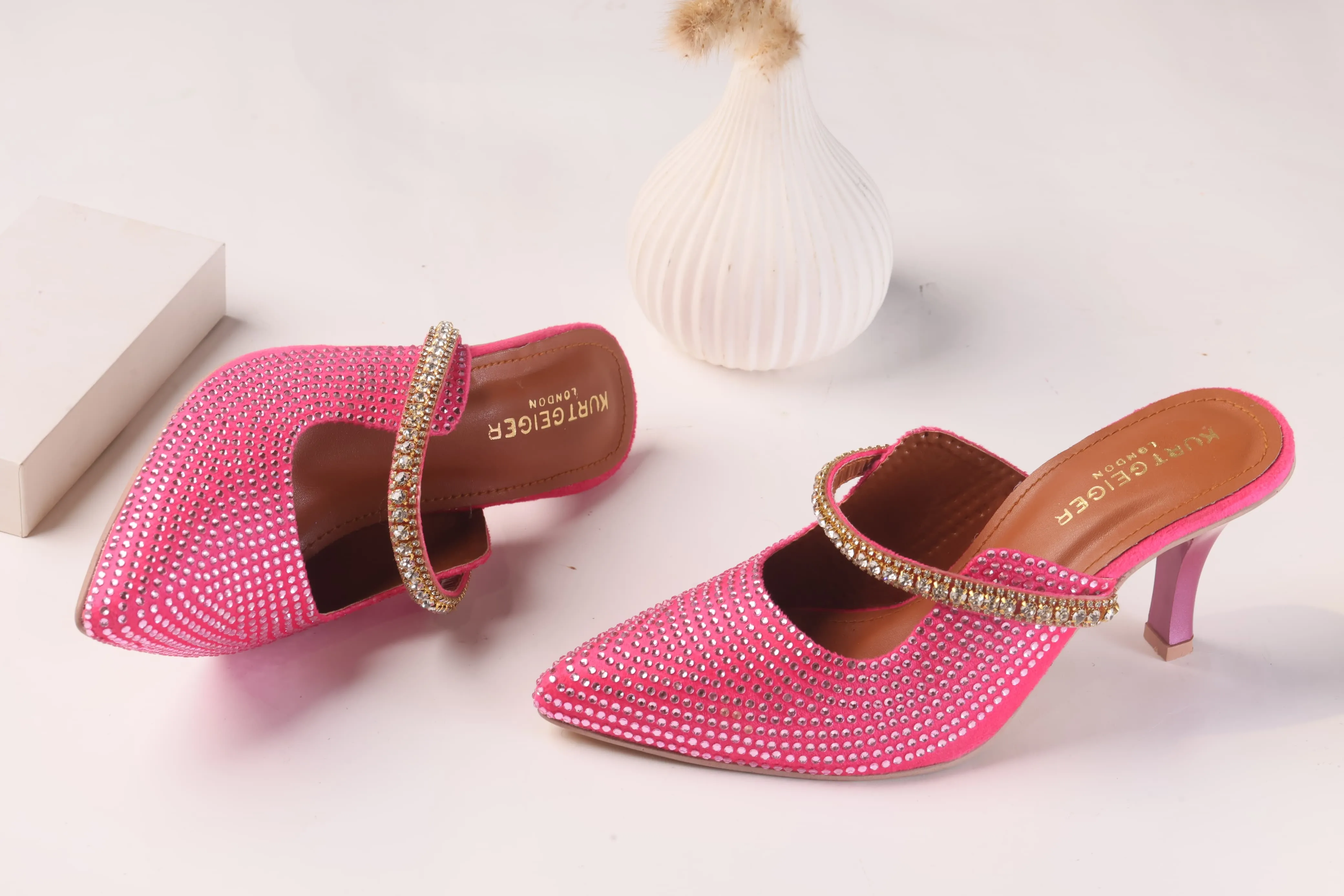 KURT GEIGER LONDON DUKE CRYSTAL EMBELLISHED CANVAS HEELED SANDALS - PINK