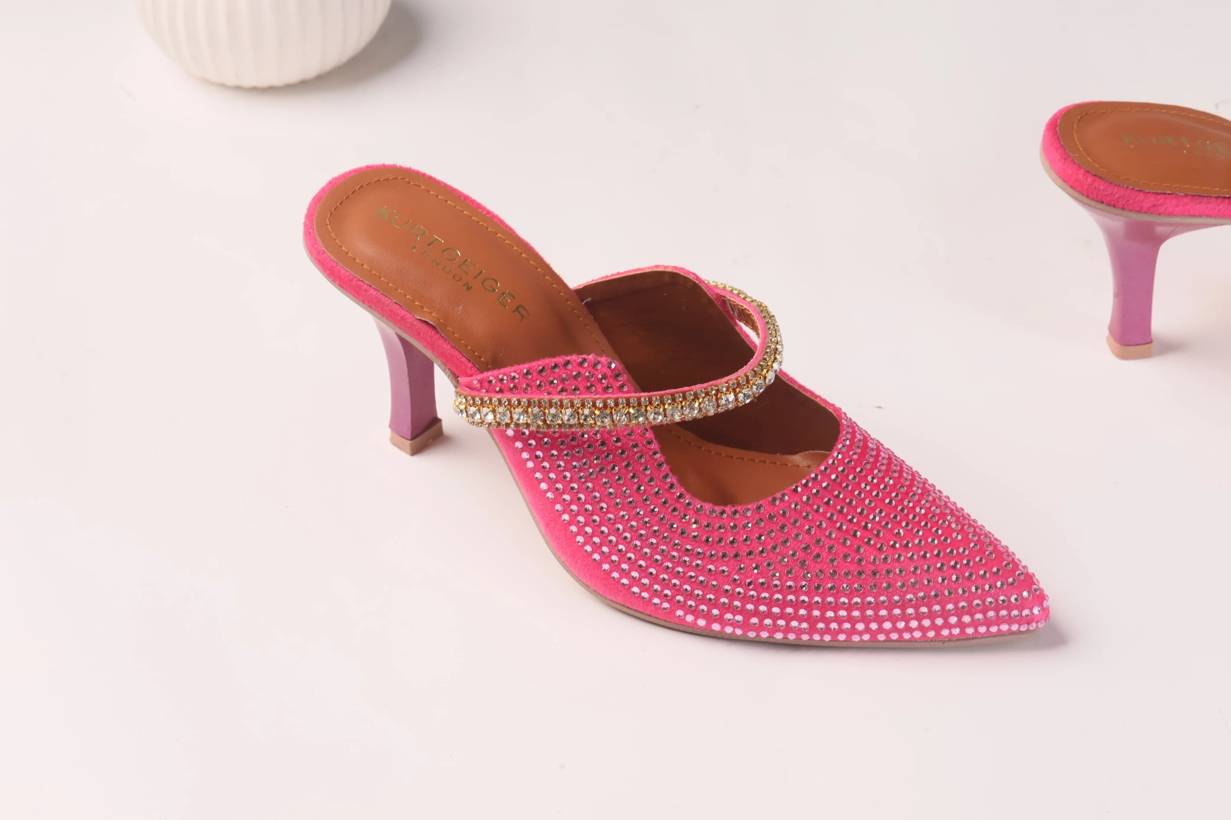KURT GEIGER LONDON DUKE CRYSTAL EMBELLISHED CANVAS HEELED SANDALS - PINK