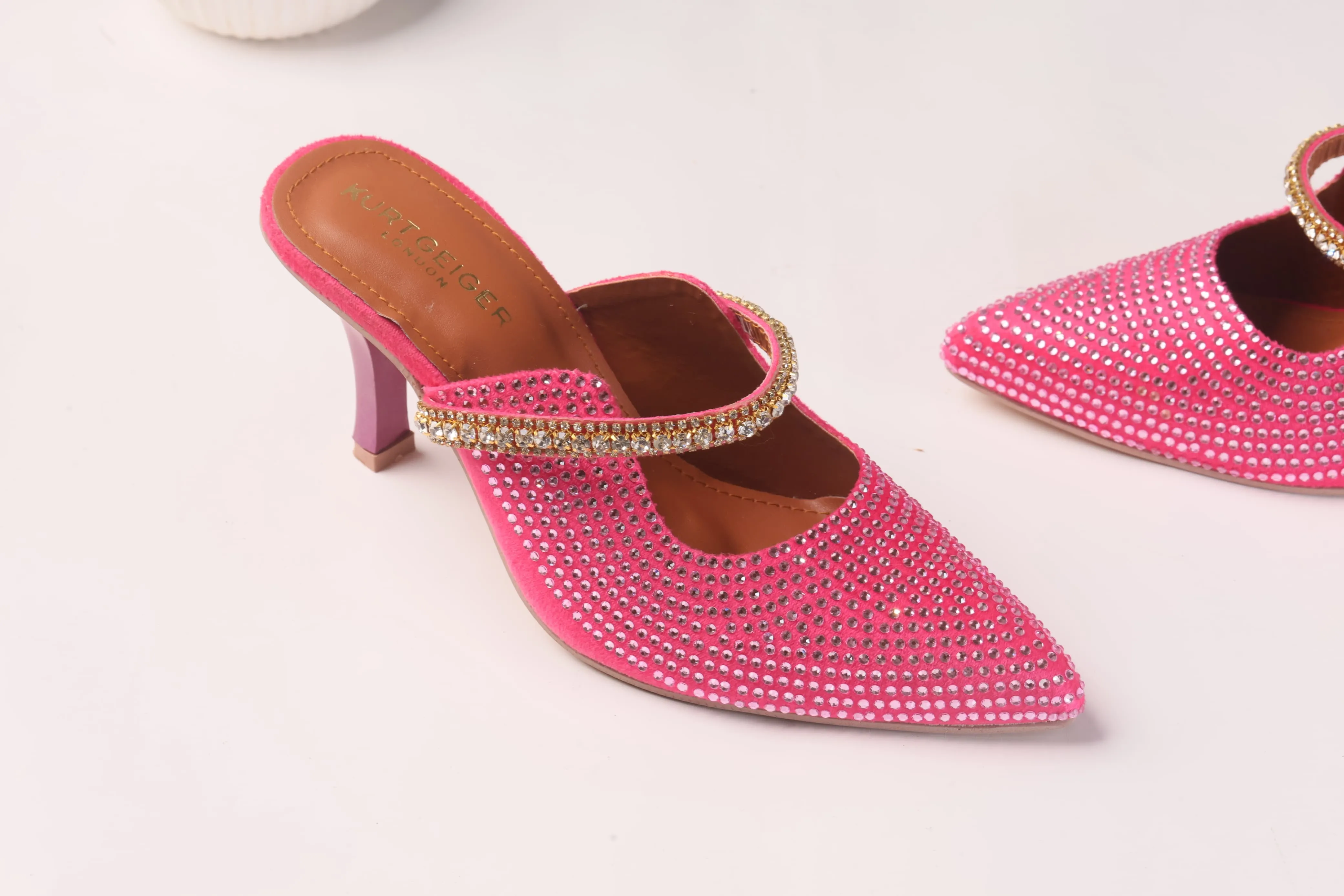 KURT GEIGER LONDON DUKE CRYSTAL EMBELLISHED CANVAS HEELED SANDALS - PINK