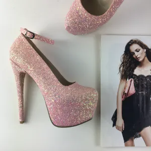 Light Pink Glitter Ankle Strap High Heel Pumps