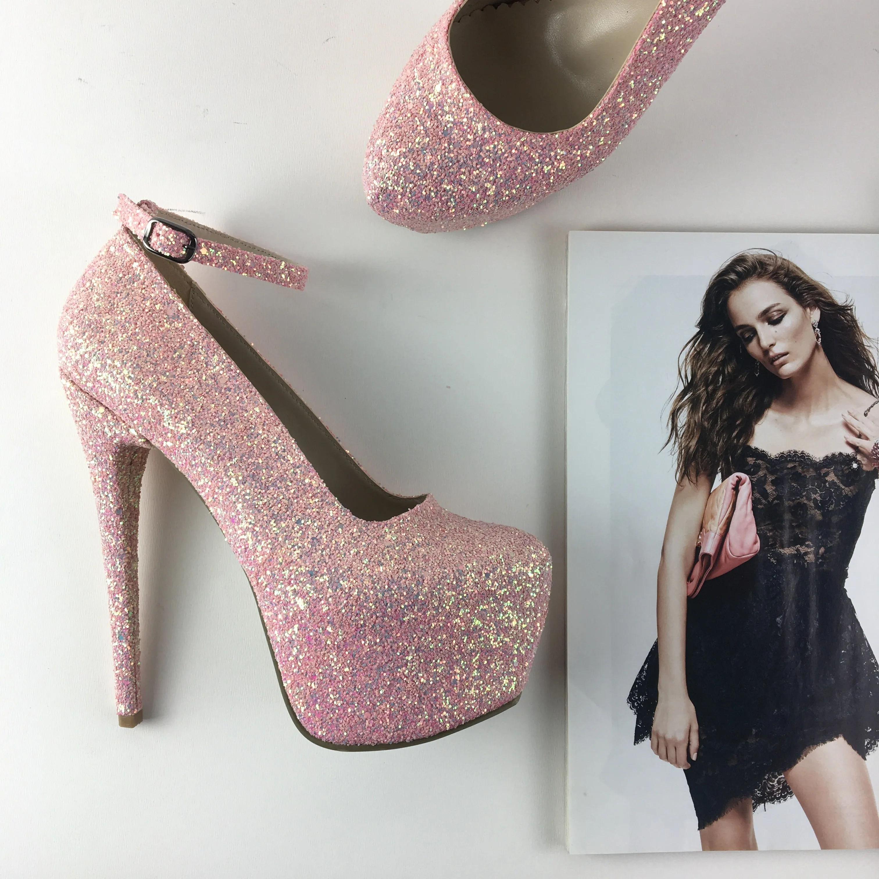 Light Pink Glitter Ankle Strap High Heel Pumps