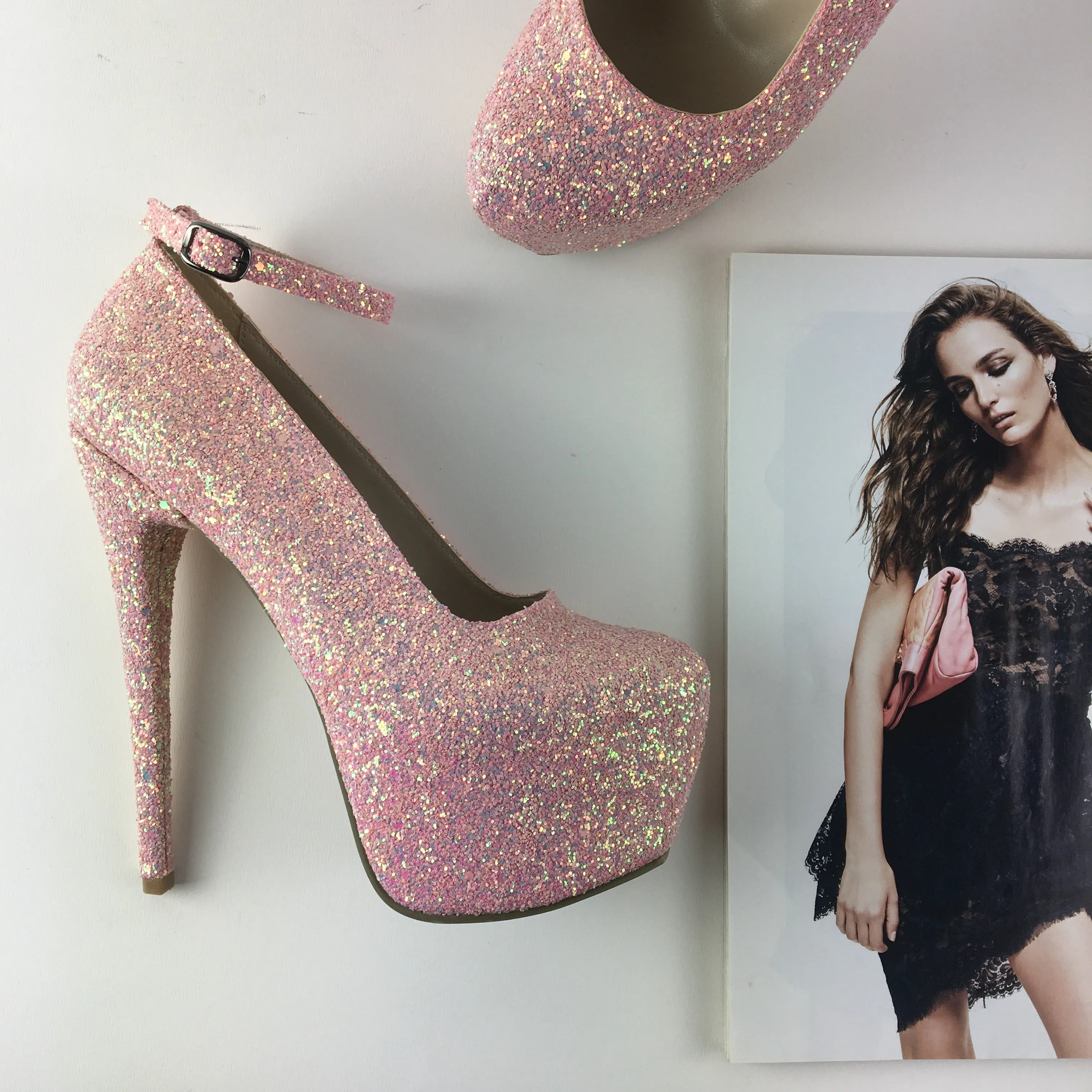 Light Pink Glitter Ankle Strap High Heel Pumps
