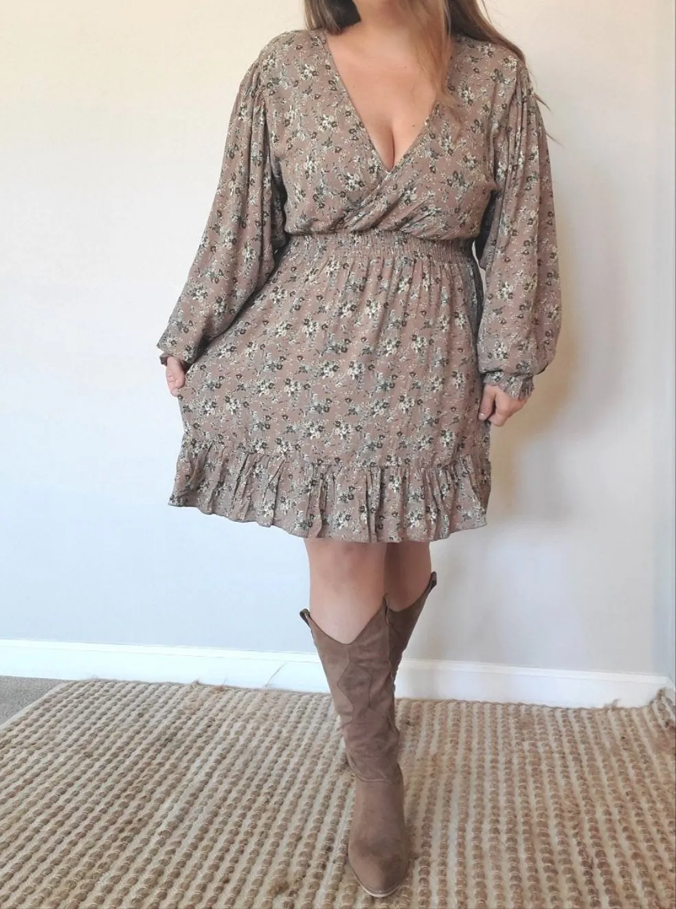 Long Sleeve Floral Print Woven Mini Dress