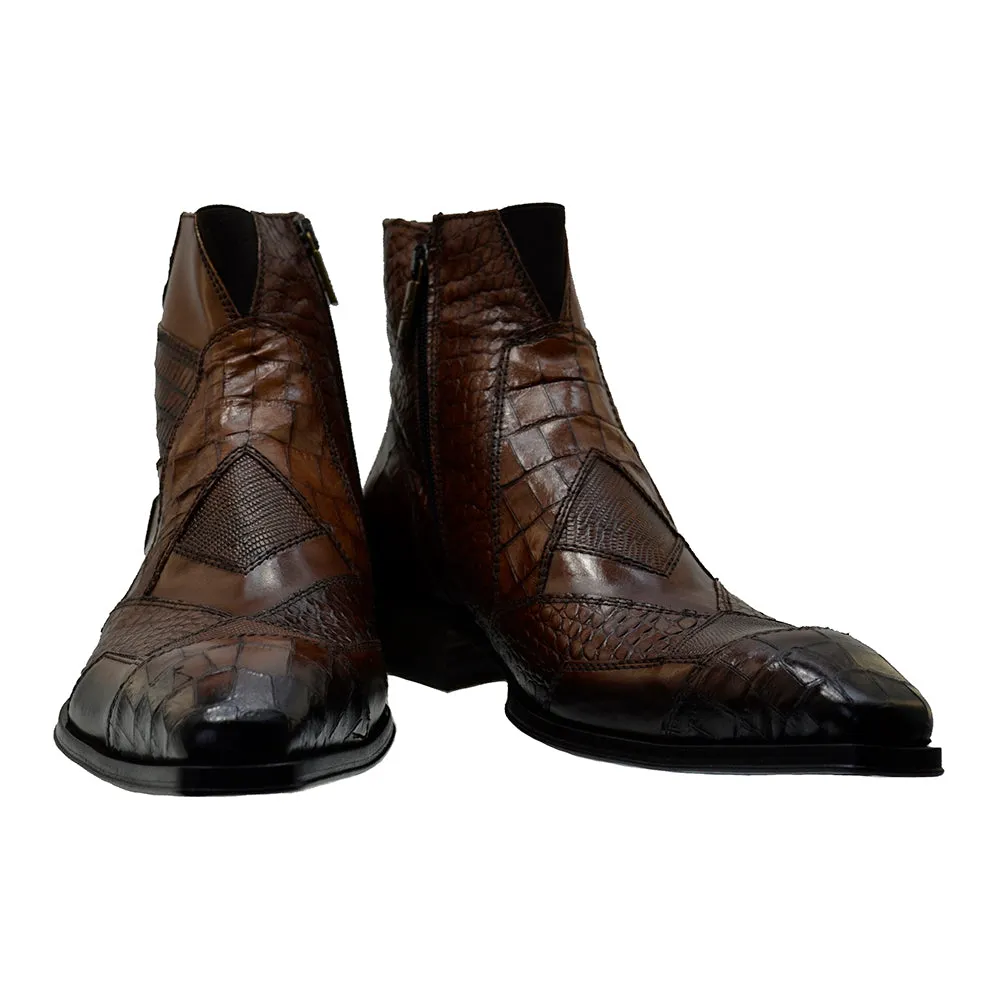 Men's Italian Shoes Jo Ghost 2030 Brown Leather Print Crocodile Dress Boots