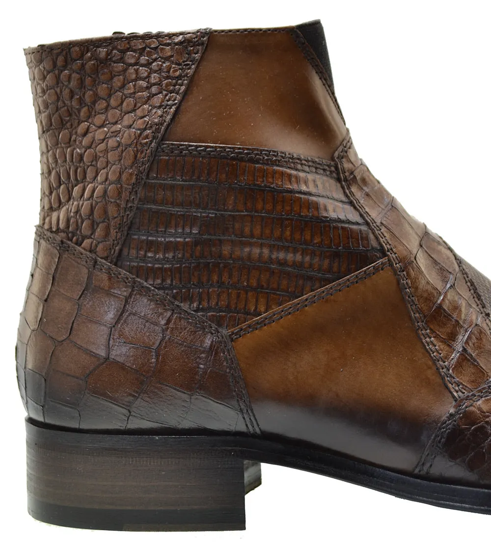 Men's Italian Shoes Jo Ghost 2030 Brown Leather Print Crocodile Dress Boots