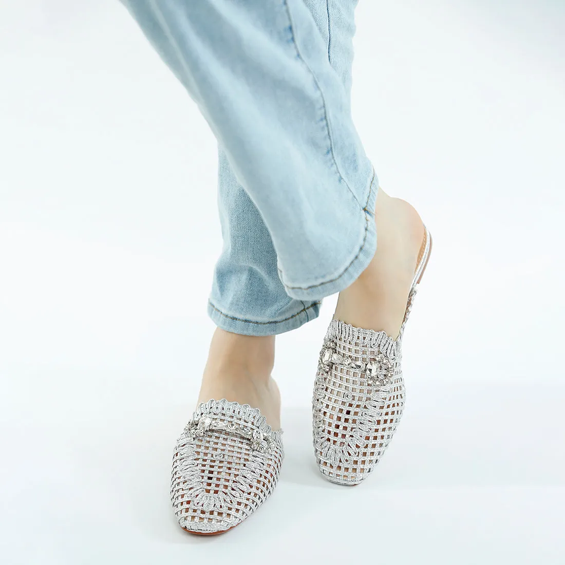 Metallic Woven Diamante Mules