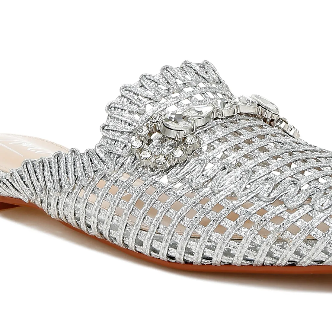 Metallic Woven Diamante Mules
