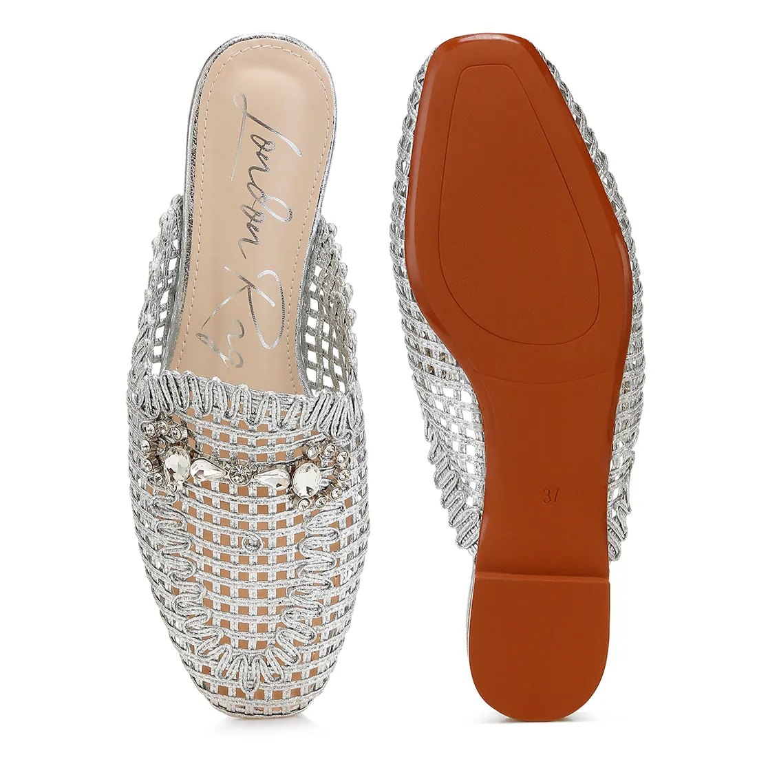 Metallic Woven Diamante Mules