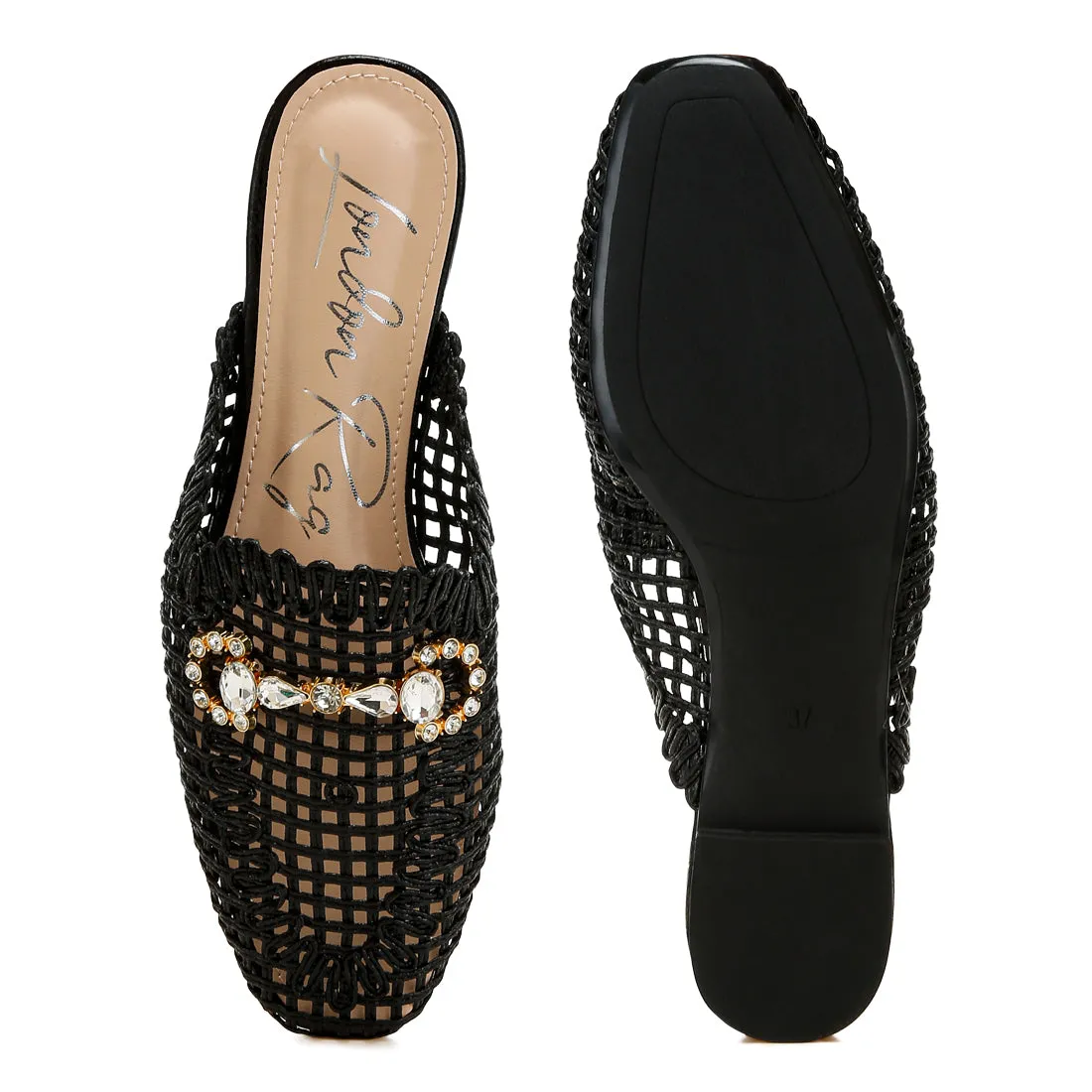 Metallic Woven Diamante Mules