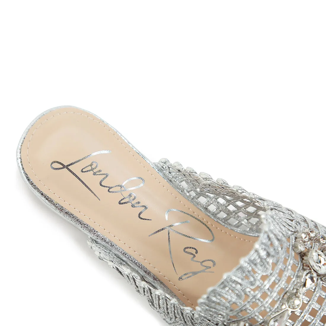 Metallic Woven Diamante Mules