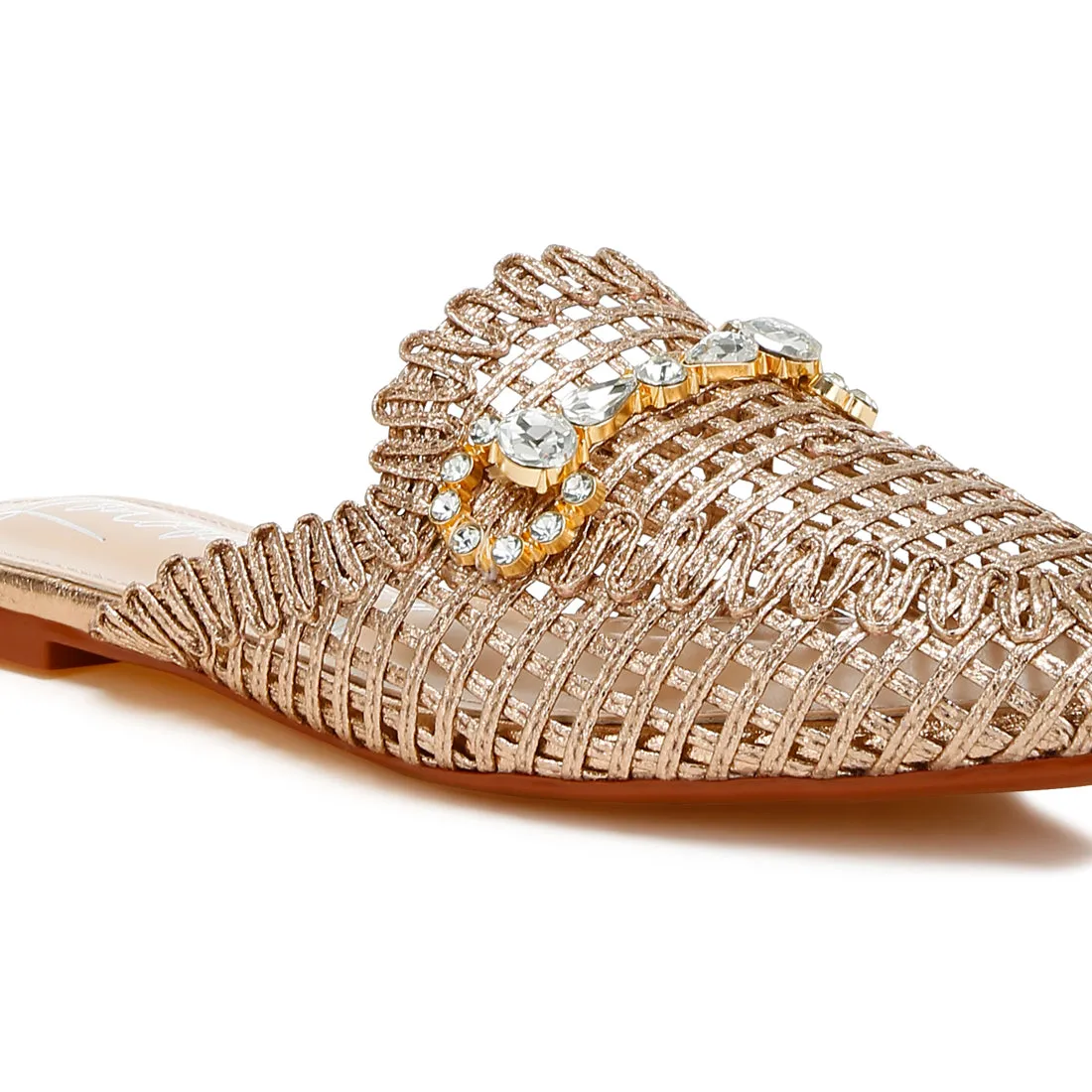 Metallic Woven Diamante Mules