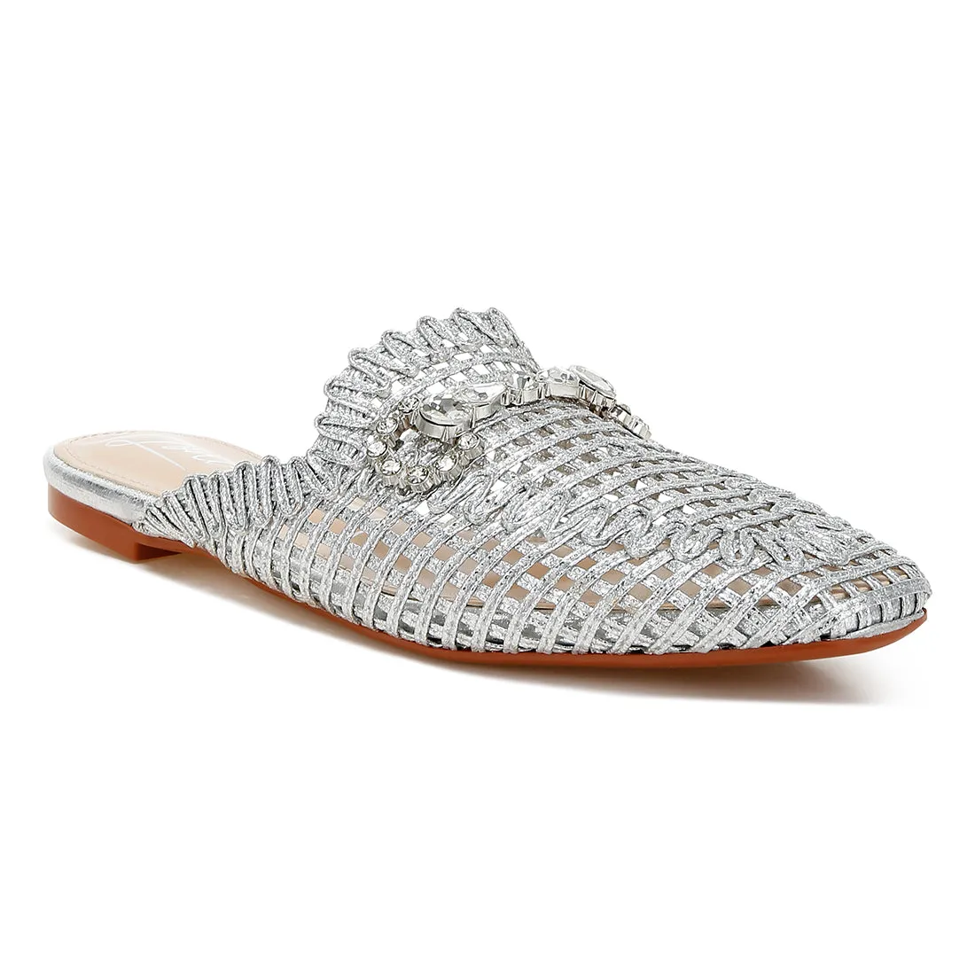 Metallic Woven Diamante Mules