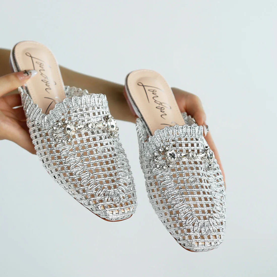 Metallic Woven Diamante Mules