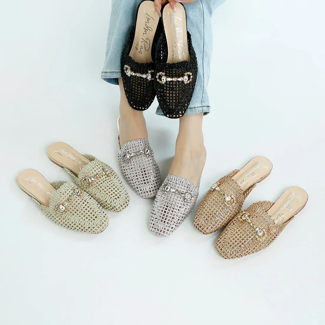 Metallic Woven Diamante Mules