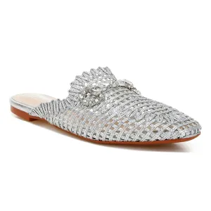 Metallic Woven Diamante Mules