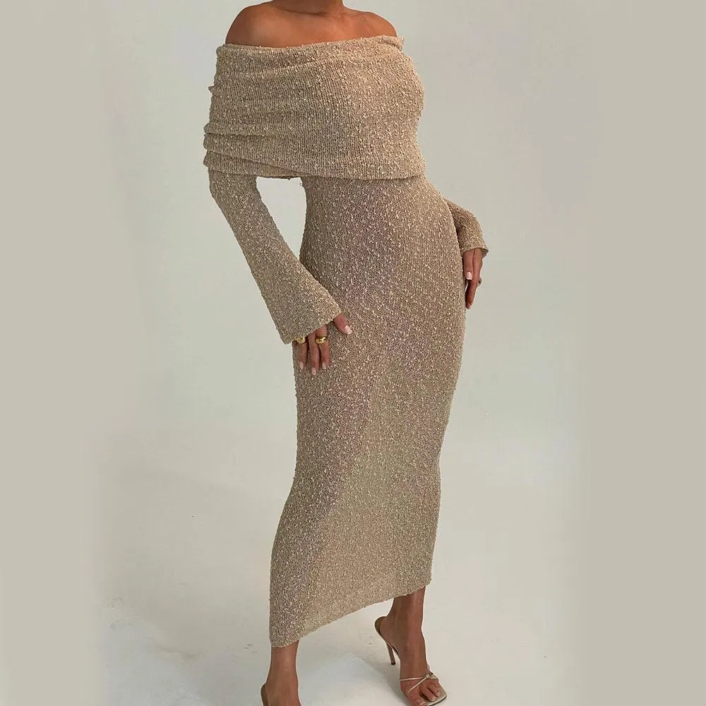 New One-Shoulder Knitted Long-Sleeved Dress – Beach Holiday Long Dress for Women