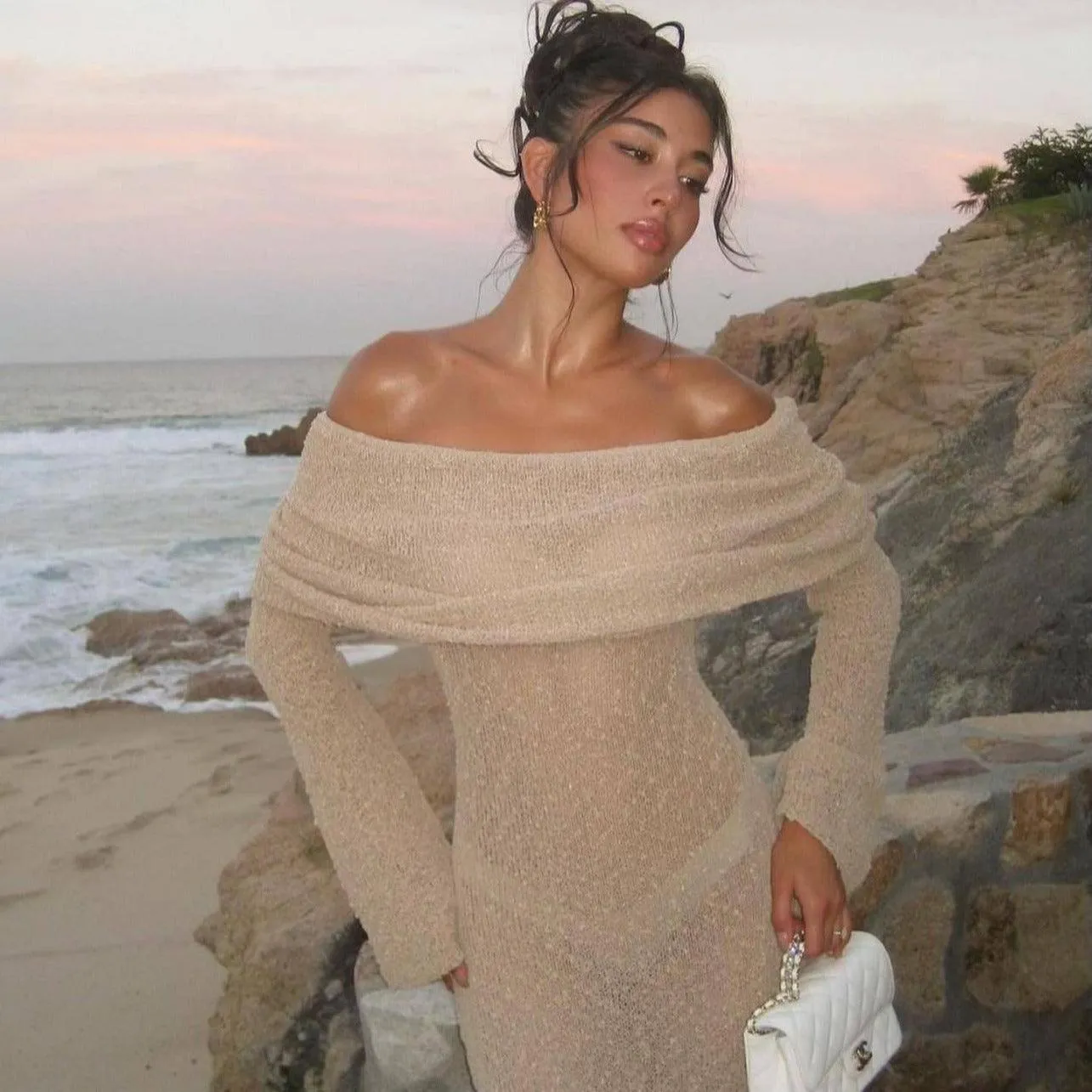 New One-Shoulder Knitted Long-Sleeved Dress – Beach Holiday Long Dress for Women