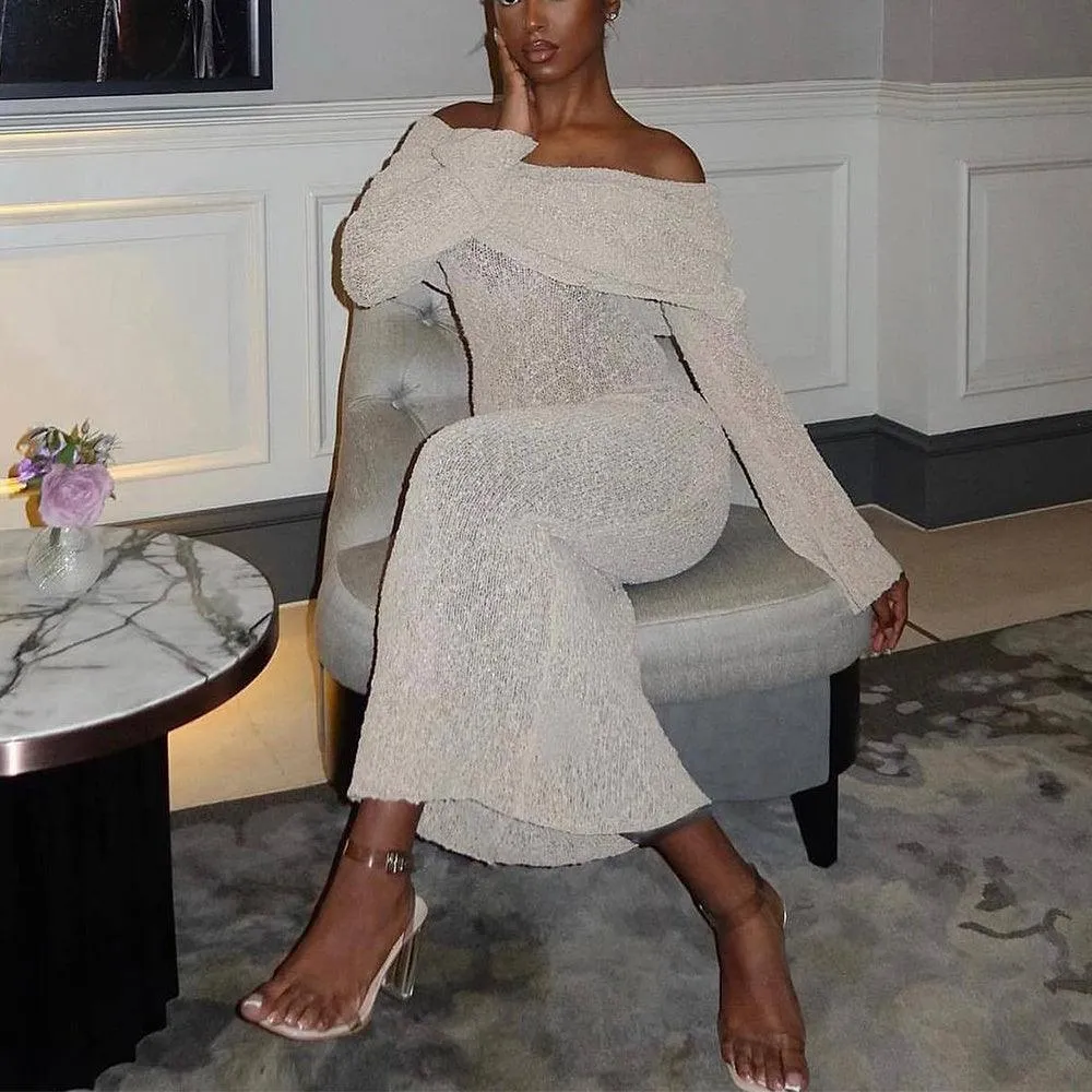 New One-Shoulder Knitted Long-Sleeved Dress – Beach Holiday Long Dress for Women