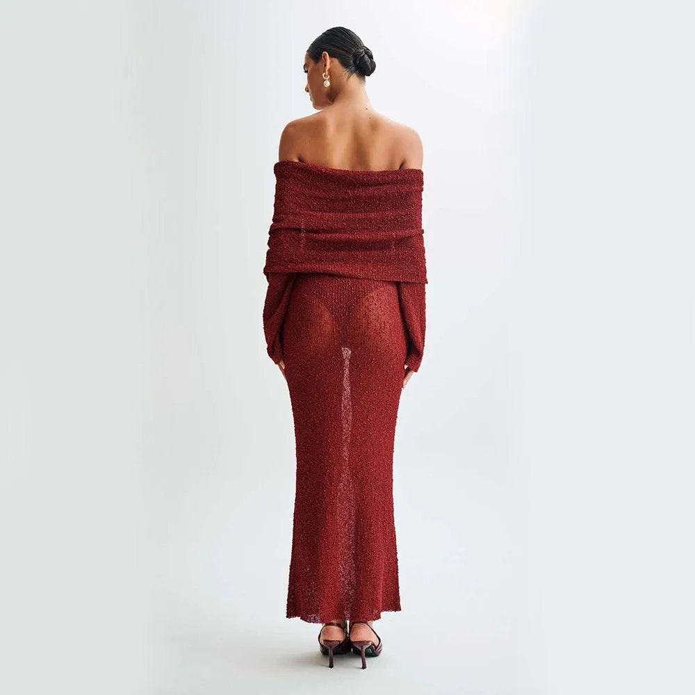 New One-Shoulder Knitted Long-Sleeved Dress – Beach Holiday Long Dress for Women